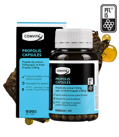 Propolis Capsules PFL®15 100s box & jarfront