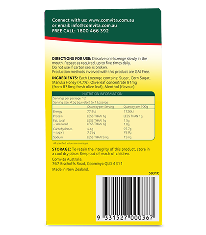Lozenges 12s - Olive Leaf Extract with Manuka Honey BOX back