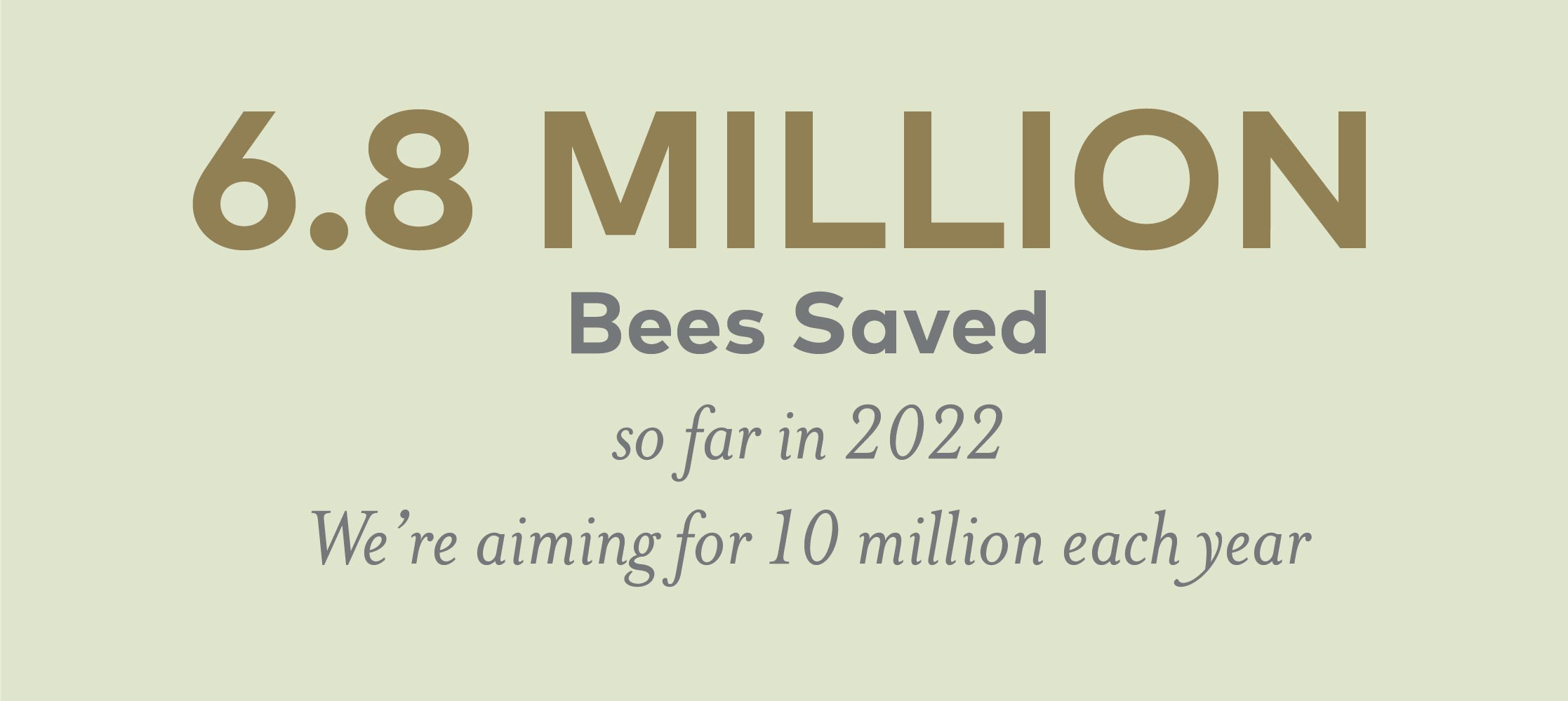 6.8 MILLION  Bees Saved so far in 2022 We’re aiming for 10 million each year