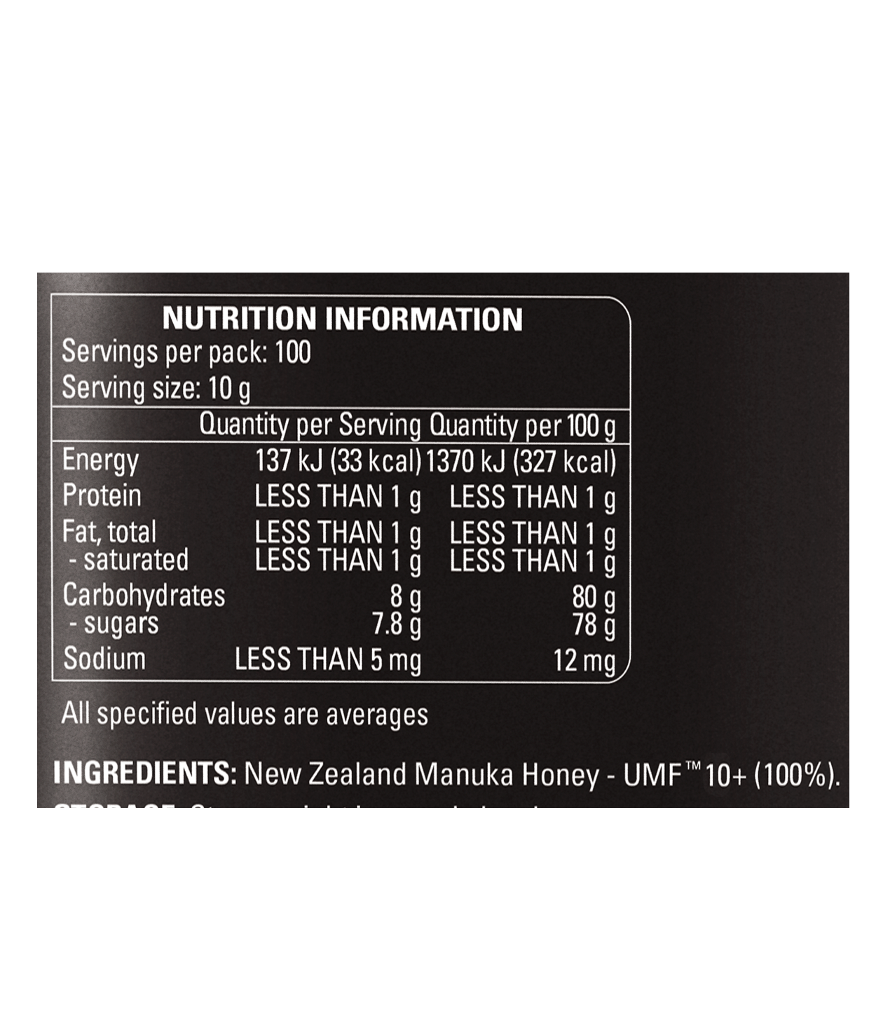 UMF™ 10+ Manuka Honey 1Kg NUTRITIONAL PANEL