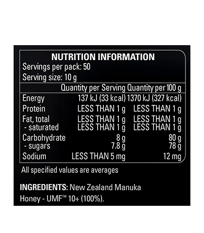 UMF™ 10+ Manuka Honey 500g nutritional panel