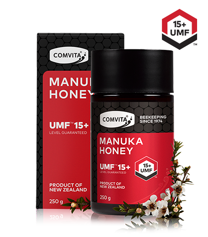 UMF™ 15+ Manuka Honey 250g box and bottle