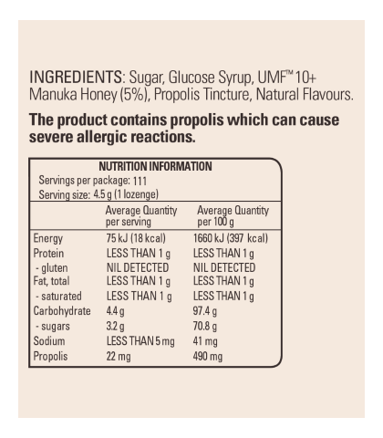 Manuka Honey Lozenges with Propolis (Lemon and Honey) 500g nutritional panel
