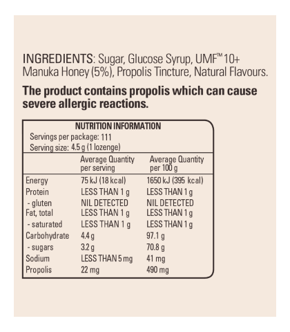 Manuka Honey Lozenges Coolmint 500g nutritional panel