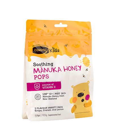 Kids Soothing Pops With UMF™ 10+ Manuka Honey pouch on angle
