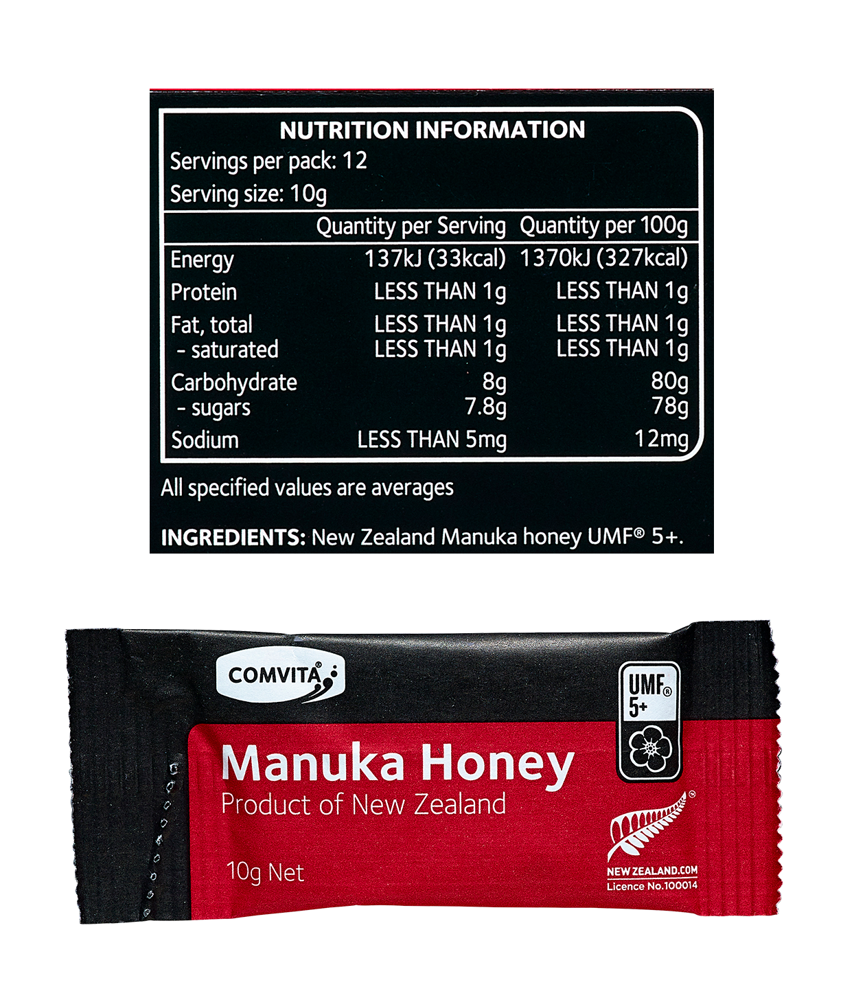 UMF™ 5+ Manuka Honey Sachets 12 nutritional information and single sahet
