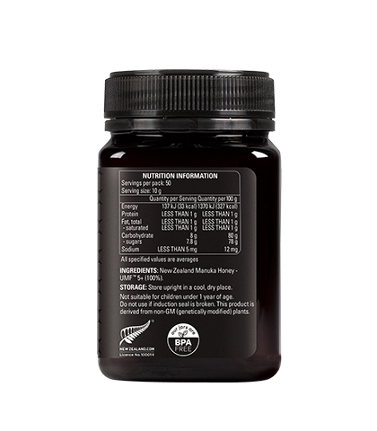 UMF™ 5+ Manuka Honey 500g jar right