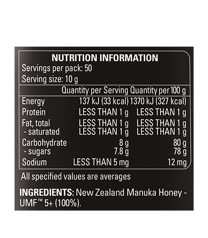 UMF™ 5+ Manuka Honey 500g nutritional panel