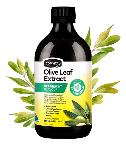 Olive Leaf Extract (Peppermint) bottle frontOlive Leaf Extract (Peppermint) bottle front with olive leaves