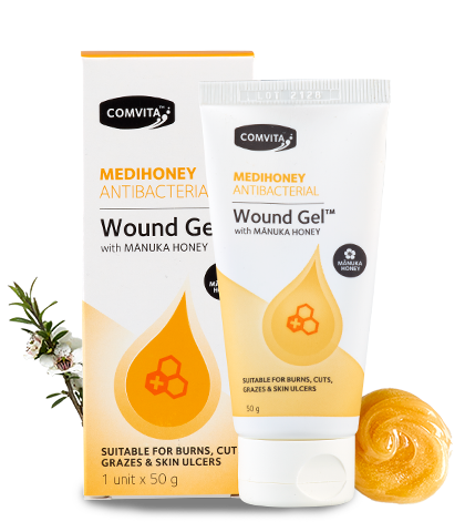 Medihoney Antibacterial Wound Gel 50g box and tube front