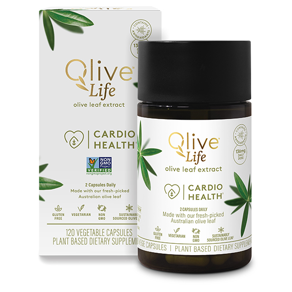 Olive Leaf Extract Cardio Health Vege Capsules 120 pack box & bottle