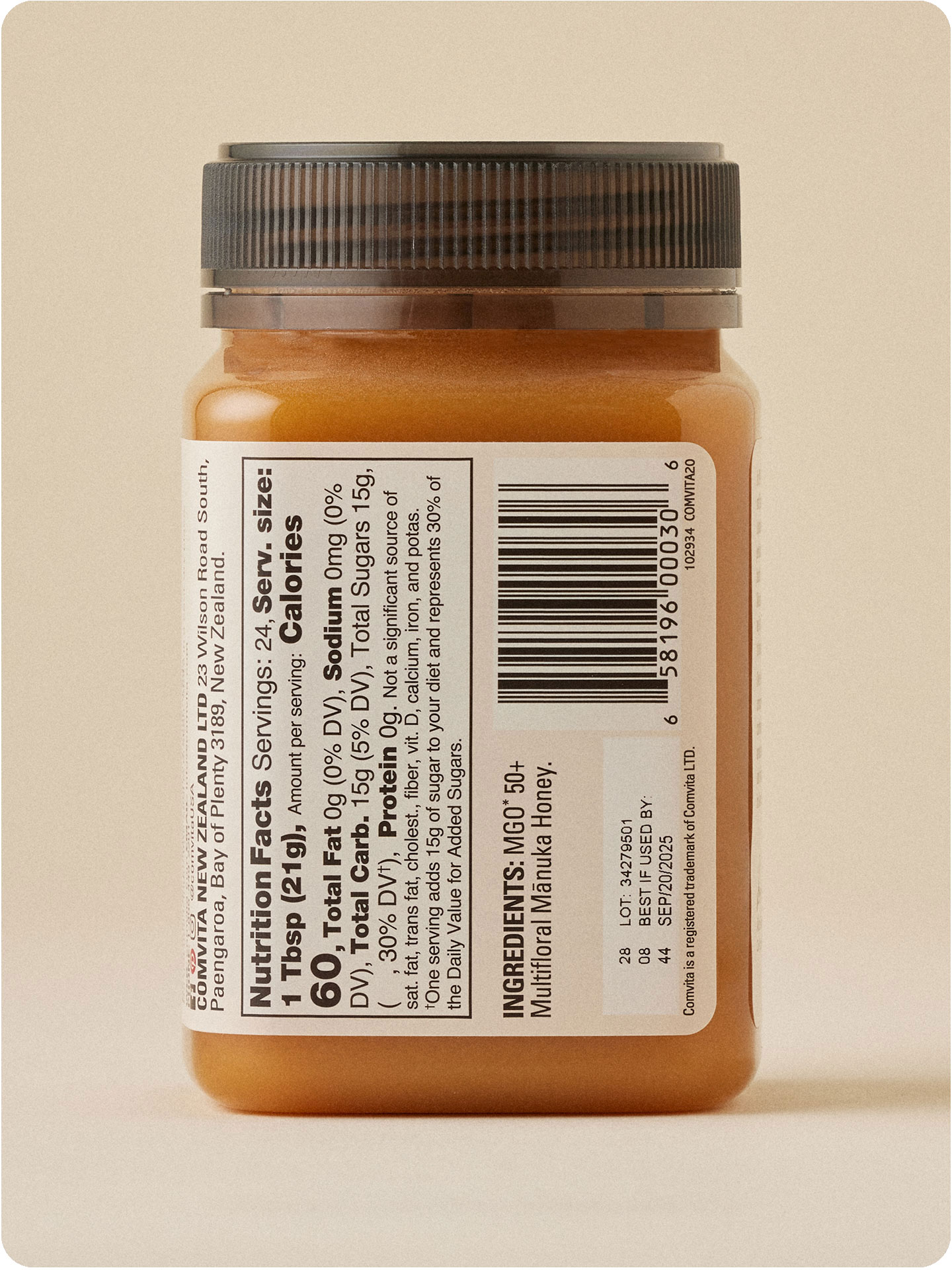 MGO 50+ Mānuka Honey 500g jar left